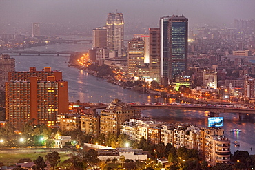 View at the high rise buildings of Zamalek district on the island of Gezira in the evening, Cairo, Egypt, Africa