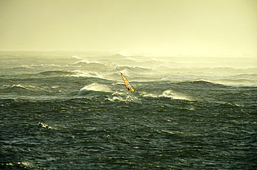 Windsurfer windsurfing in rough waves, North Sea, Sylt, Germany