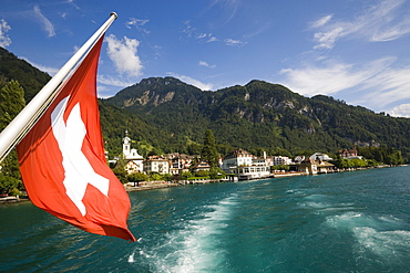 Paddle steamer leaving Vitznau at Lake Lucerne, Canton of Lucerne, Switzerland