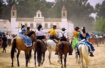 Spain, Andalucia,El Rocio, horse rirs in flamenco style at whitsan festival