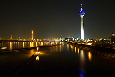 Media Harbour at night with television tower in the background, Düsseldorf, state capital of NRW, North-Rhine-Westphalia, Germany