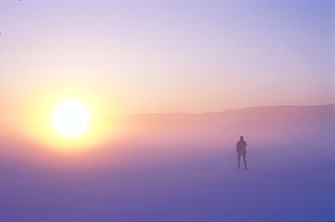 A person in a foggy winter landscape at sunset, Sweden, Europe