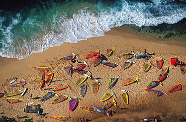 High angle view at sailboards on the beach, Hookipa, Maui, Hawaii, USA, America