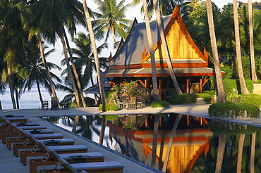 Amanpuri Hotel and pool under palm trees, Phuket, Thailand, Asia