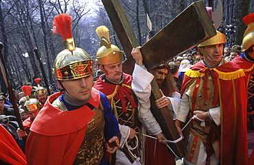 Jesus Christ played by a priest carrying the Cross, The Mystery of the passion of Christ Kalwaria Zebrzydowska, Cracow, Poland