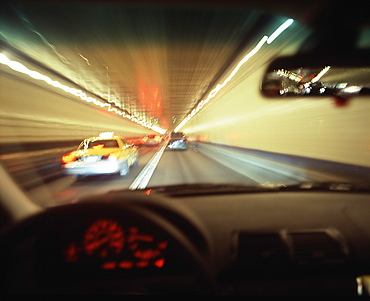 View through the windscreen of a car at a tunnel, Manhattan, New York City USA, America