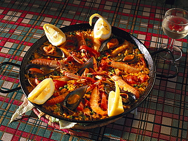 View at Paella in a pan, Meson Torre de Guzman, Conil de la Frontera, Cadiz Andalusia, Spain, Andalusia, Spain, Europe