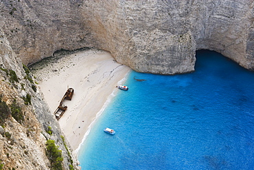 High angle view at the Shipwreck Beach in the sunlight, Zakynthos, Ionian islands, Greece, Europe