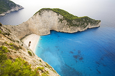 High angle view at the Shipwreck Beach in the sunlight, Zakynthos, Ionian islands, Greece, Europe