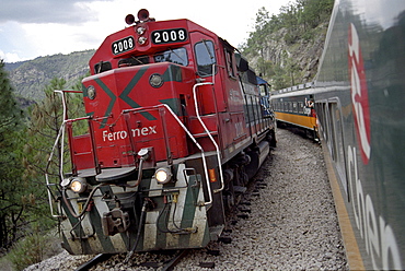 Two trains standing next to eah other, Ferrocarril Chihuahua al Pacifico, Chihuahua express, Mexico, America