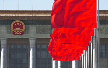 Red Flags on Beijing's Tiananmen Square facing Great People's Hall