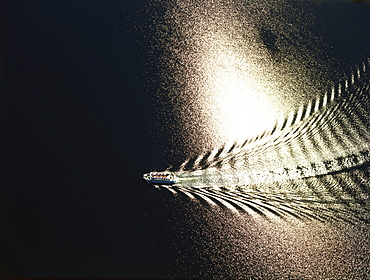 Tourboat on Staffelsee, aerial view, Upper Bavaria, Germany