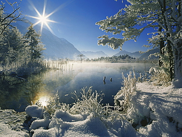 Snow covered landscape, Eschenlohe, Upper Bavaria, Germany