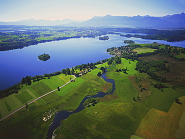 Aerial view of Staffelsee and German alps, Upper Bavaria, Germany