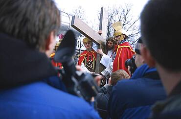 Jesus Christ played by a priest carrying the Cross, The Mystery of the passion of Christ Kalwaria Zebrzydowska, Cracow, Poland