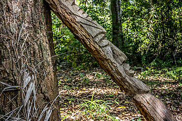 Wooden figures on a ritual place, Wala Island, Malekula, Vanuatu, South Pacific, Oceania