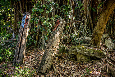 Wooden figures on a ritual place, Wala Island, Malekula, Vanuatu, South Pacific, Oceania