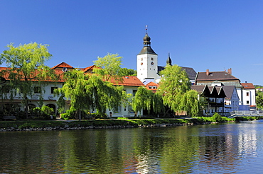 View over river Regen to Regen, Bavarian Forest, Lower Bavaria, Bavaria, Germany