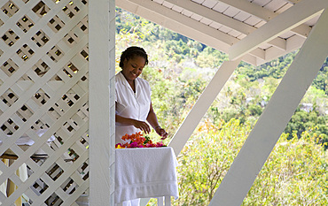 Spa therapist preparing flowers in a white cabana. St. Lucia, West Indies.