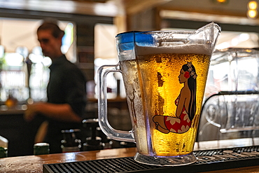 Mug of Hinano beer on counter of a bar, Papeete, Tahiti, Windward Islands, French Polynesia, South Pacific