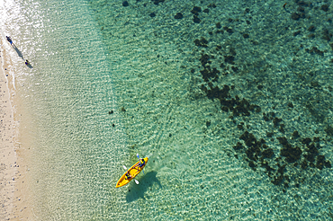 Aerial view of two people in kayak at Malamala Island Beach Club, Mala Mala Island, Mamanuca Group, Fiji Islands, South Pacific