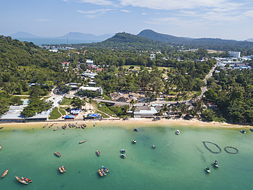 Aerial view of longtail fishing boats on Ganh Dau Beach, Ganh Dau, Phu Quoc Island, Kien Giang, Vietnam, Asia