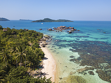 Aerial view of rock formation and beach with coconut palms, Dam Ngang Island, near Phu Quoc Island, Kien Giang, Vietnam, Asia