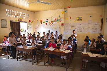 Young children in the classroom of the village school, Oknha Tey Island, Mekong River, near Phnom Penh, Cambodia, Asia