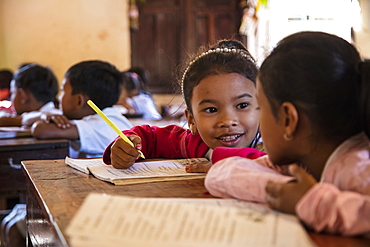 Young children in the classroom of the village school, Oknha Tey Island, Mekong River, near Phnom Penh, Cambodia, Asia