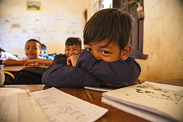 Young children in the classroom of the village school, Oknha Tey Island, Mekong River, near Phnom Penh, Cambodia, Asia