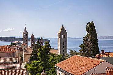 View over roofs of the old town and church towers, Rab, Primorje-Gorski Kotar, Croatia, Europe