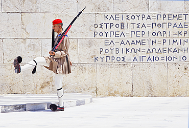 Evzone soldier performing change of guard, Athens, Greece, Europe,