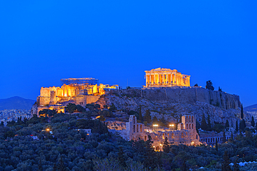 View of the Acropolis by night, Athens, Greece, Europe