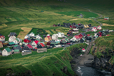 Village of Gjogv on Eysteroy with gorge, Faroe Islands