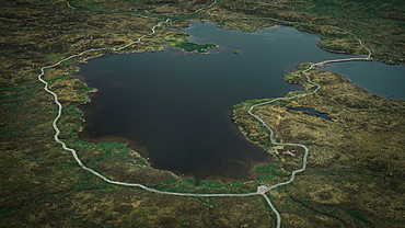 Lake Toftavatn with hiking trail from above, Runavik, Eysteroy, Faroe Islands