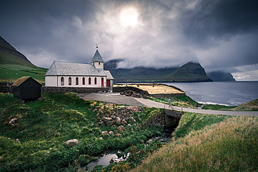 Church in the seaside village of Viðareiði on the island of Vidoy, Faroe Islands