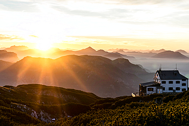 Sunset at the Stöhrhaus with a view over the Lattengebirge and the Chiemgau Alps, Untersberg, Berchtesgaden Alps, Bavaria, Germany