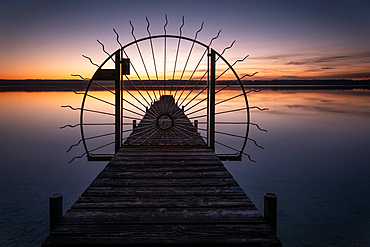 Cast iron gate on a jetty on Ammersee, Fünfseenland, Upper Bavaria, Bavaria, Germany, Europe