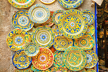 Traditional plates on display, Erice. Sicily, Italy