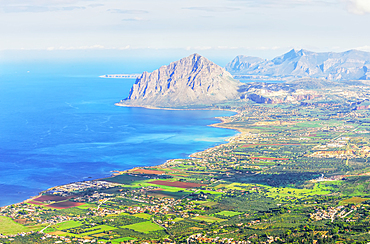 View from Erice of Monte Cofano and coastline, Erice, Sicily, Italy