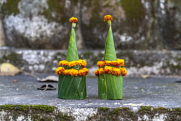 Offering on stairs that lead to Mount Phousi, Luang Prabang, Luang Prabang Province, Laos, Asia