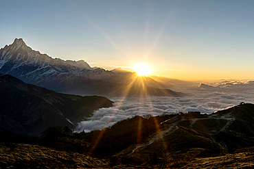 Sunrise on Muldai with a view of Machapuchare, Pokhara, Nepal