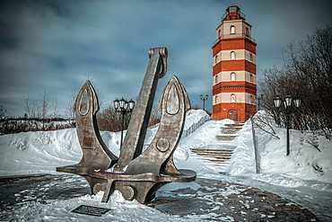 View of the lighthouse - memorial to the deceased sailors in Murmansk, Russia