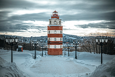 View of the lighthouse - memorial to the deceased sailors in Murmansk, Russia