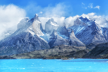 View of Horns of Paine mountains and Lake Pehoe, Torres del Paine National Park, Chile, South America