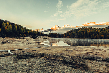 Morning mood at Lake Staz, Engadin, Graubünden, Switzerland, Europe;