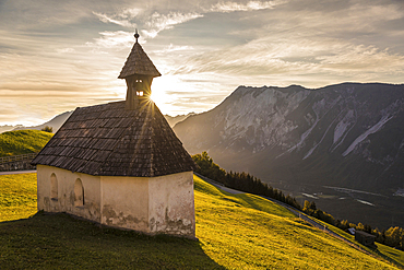 House chapel in Haimingerberg with a view of the Inn Valley, Tyrol, Austria