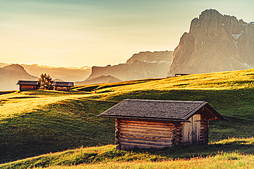 Sunrise on the Seiser Alm in South Tyrol, Italy, Europe;