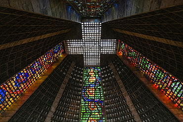 Interior of the Cathedral Catedral Metropolitana with its stunning stained glass windows, Rio de Janeiro, Rio de Janeiro, Brazil, South America