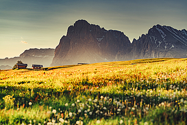 Sunrise on the Seiser Alm in South Tyrol, Italy, Europe;